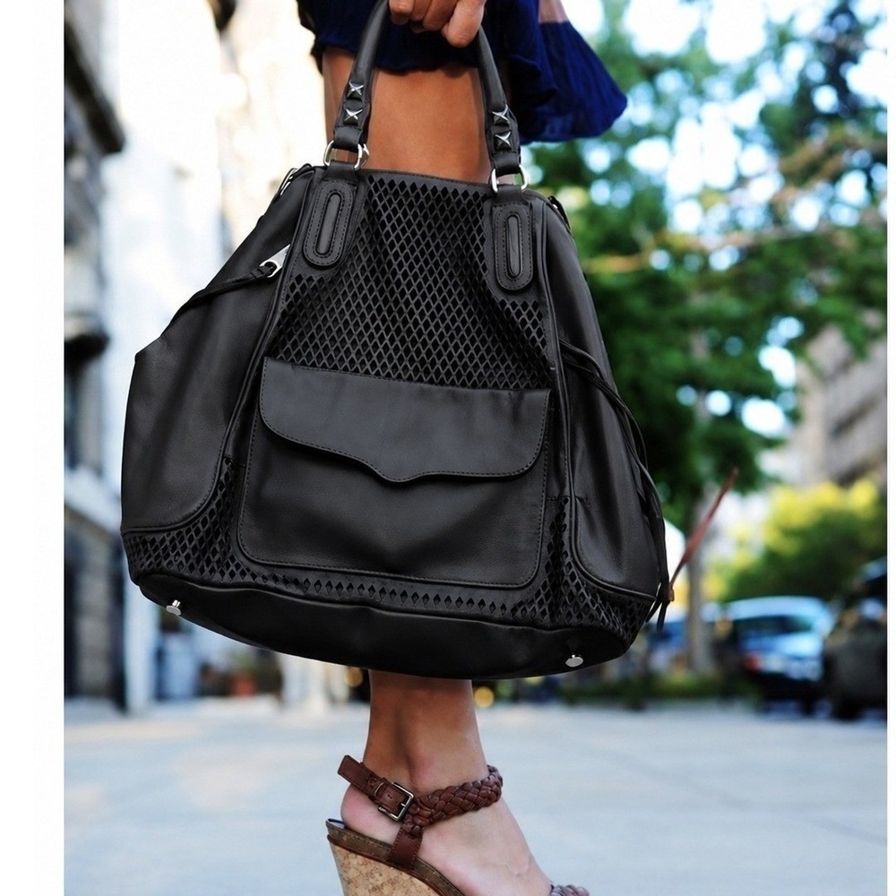 Rebecca Minkoff Black Leather Laser Cut Tote Hobo Bag Tassels Studs